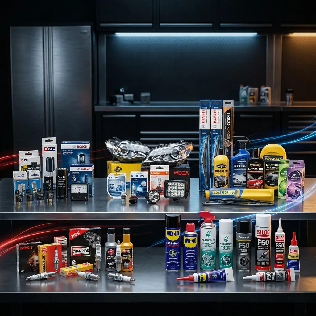 Accesorios eléctricos, iluminación, encendido, limpieza y productos químicos automotrices de primeras marcas como Bosch, Osram, NGK, WD-40 y Siloc, para mantenimiento, reparación y rendimiento confiable del vehículo.