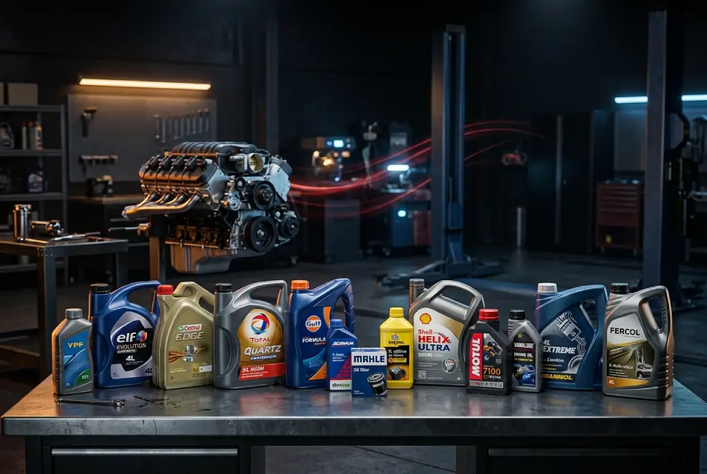 Imagen de aceites para motor, lubricantes y fluidos automotrices de primeras marcas como YPF, ELF, Castrol, Shell, Motul y Mannol, junto a grasa de litio Fercol, utilizados para protección, rendimiento y mantenimiento de motores en autos, motos y vehículos de trabajo.
