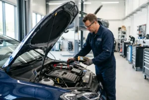 Mecánico revisando la batería de un auto con herramientas de diagnóstico en un taller para detectar fallas y mantenimiento preventivo
