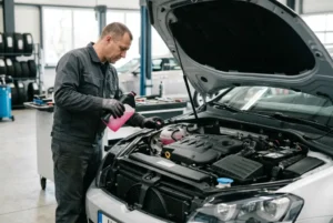 Mecánico revisando el nivel de líquido refrigerante en el sistema de enfriamiento de un auto en taller automotriz