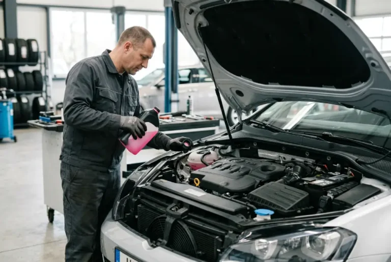 Mecánico revisando el nivel de líquido refrigerante en el sistema de enfriamiento de un auto en taller automotriz