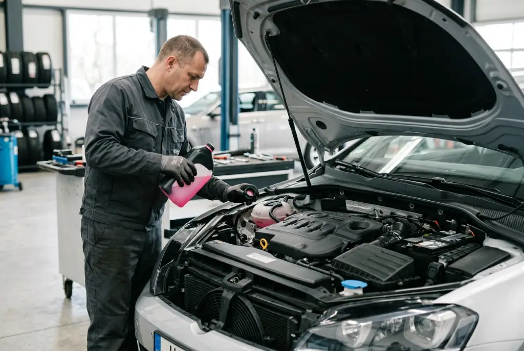 Mecánico revisando el nivel de líquido refrigerante en el sistema de enfriamiento de un auto en taller automotriz